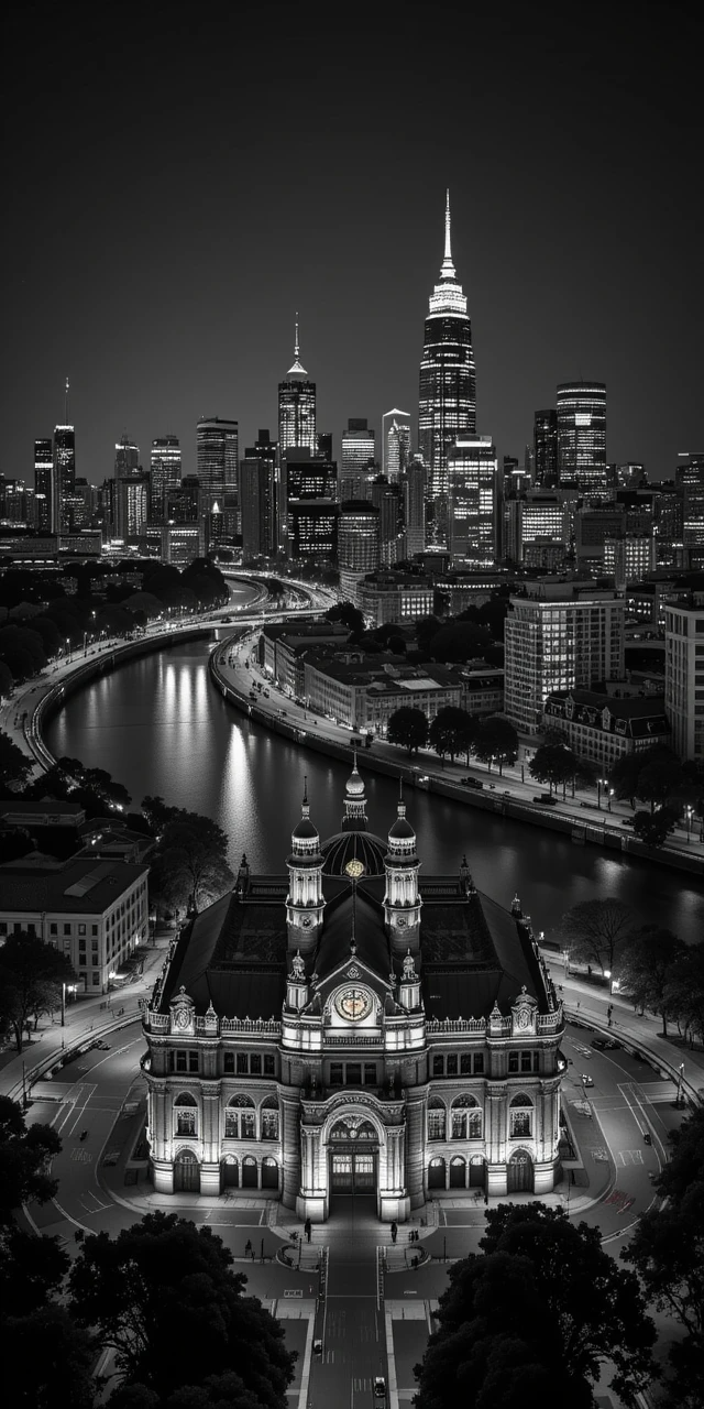 The illuminated ornate historic building foregrounding a glittering city skyline at night, with reflections on the river