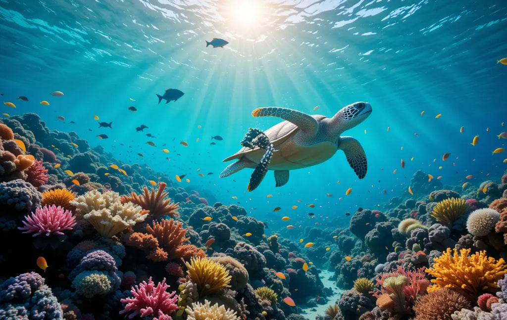 Sea Turtle Swimming in Vibrant Coral Reef My Store