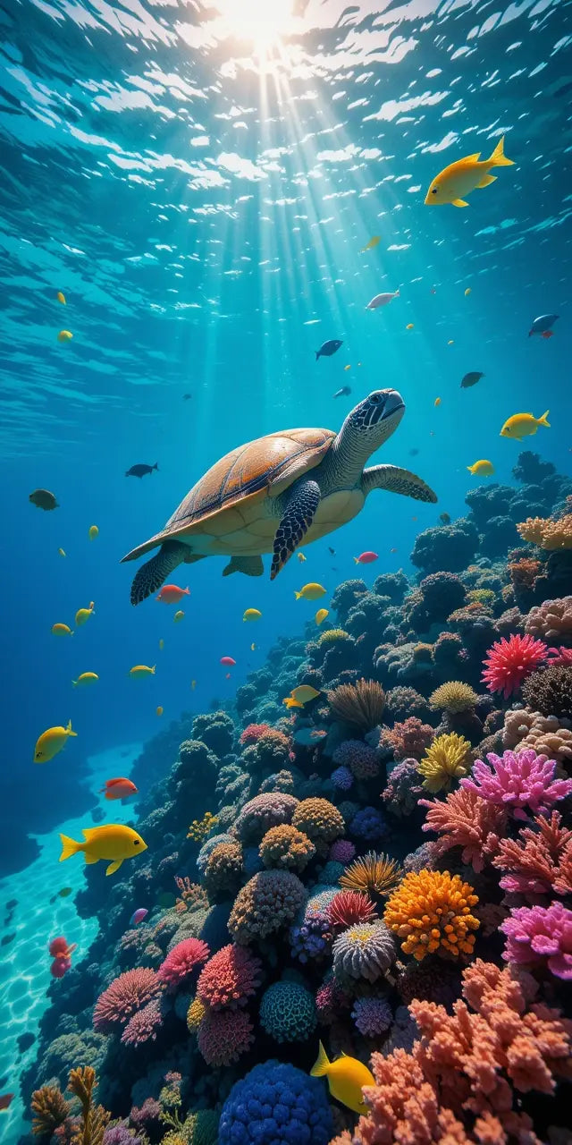 Sea Turtle Swimming in Vibrant Coral Reef My Store