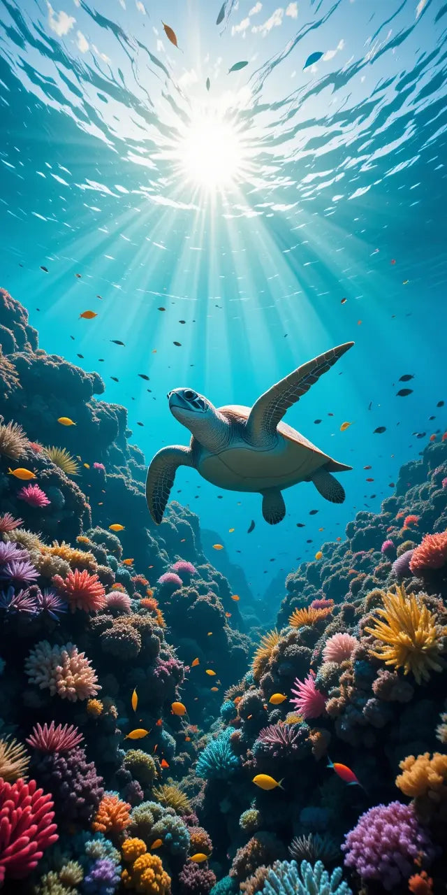 Sea Turtle Swimming in Vibrant Coral Reef My Store