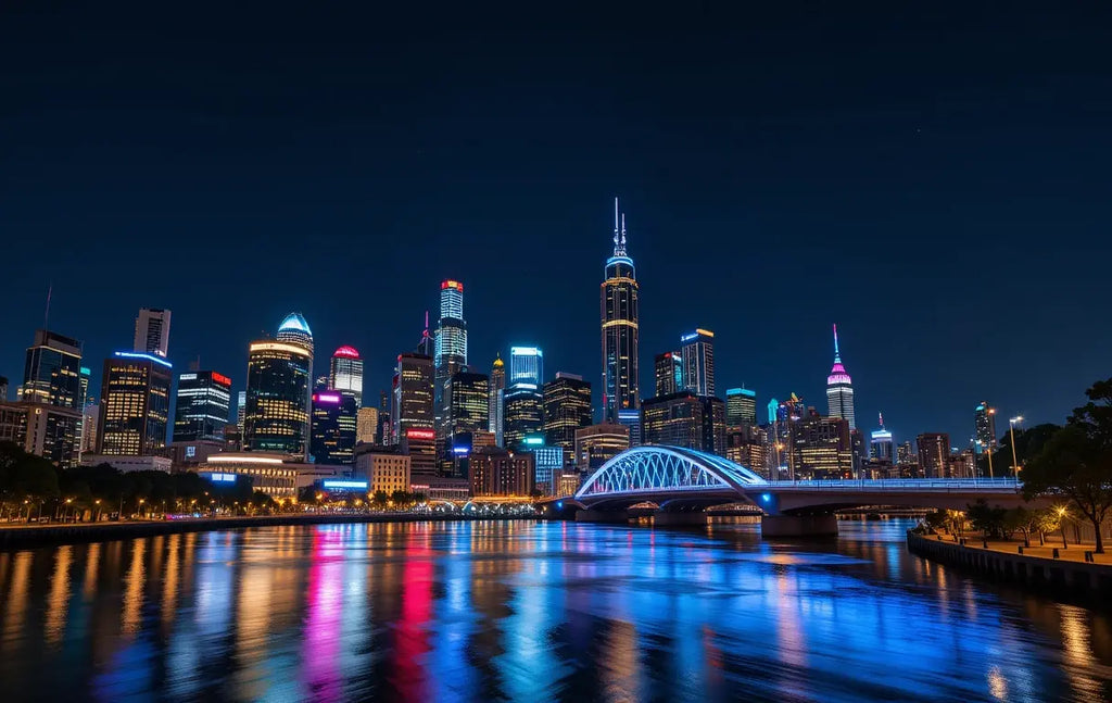 Vibrant City Skyline with Illuminated Bridge at Night My Store