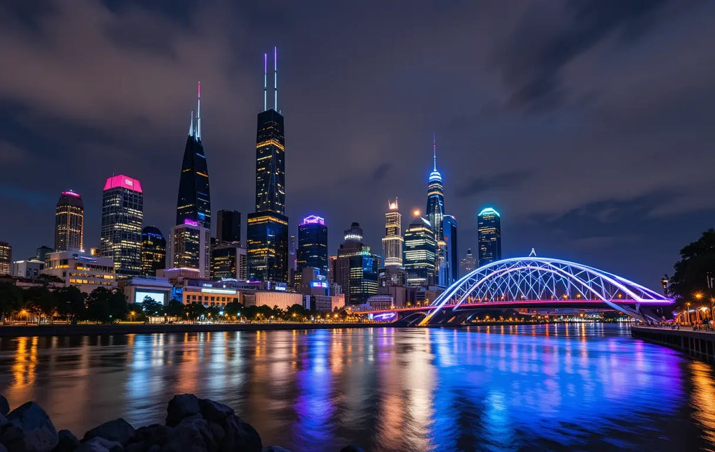 Vibrant City Skyline with Illuminated Bridge at Night My Store