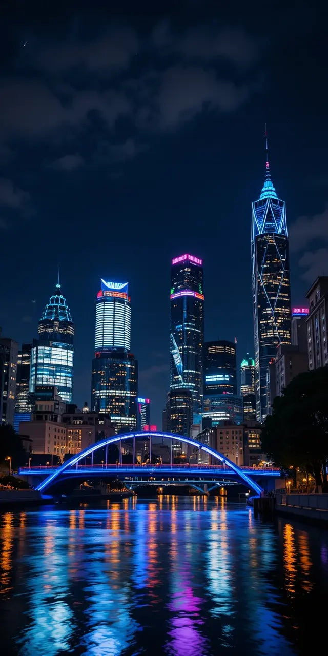 Vibrant City Skyline with Illuminated Bridge at Night My Store