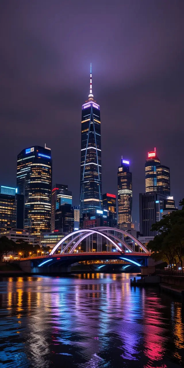 Vibrant City Skyline with Illuminated Bridge at Night My Store