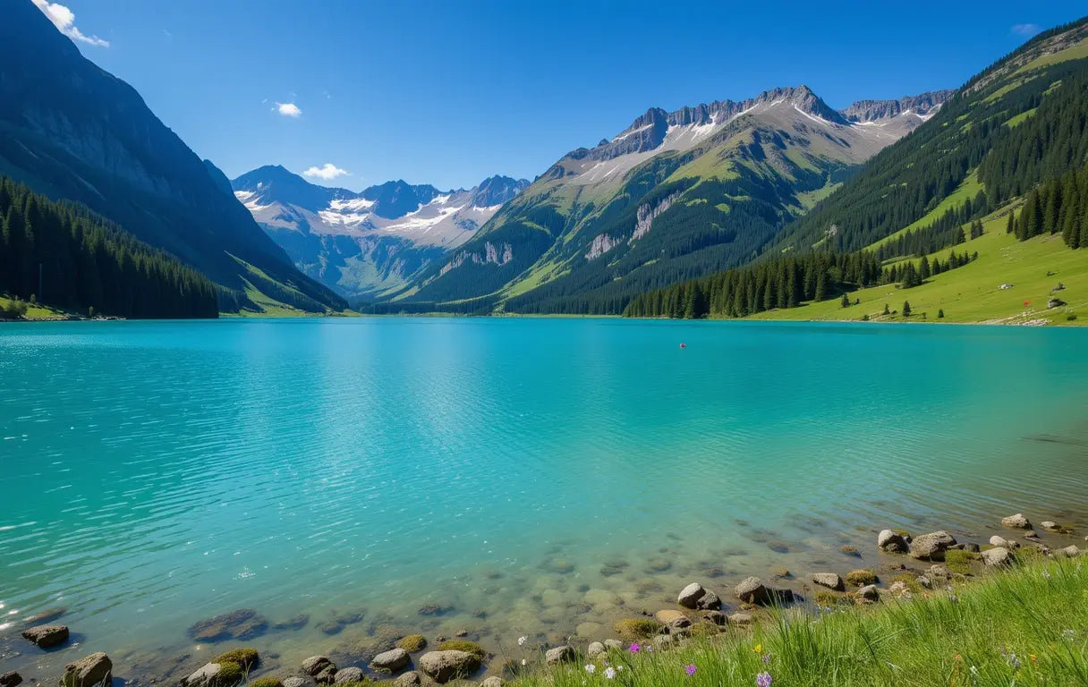 Serene Alpine Lake turquoise Water and Green Valley My Store