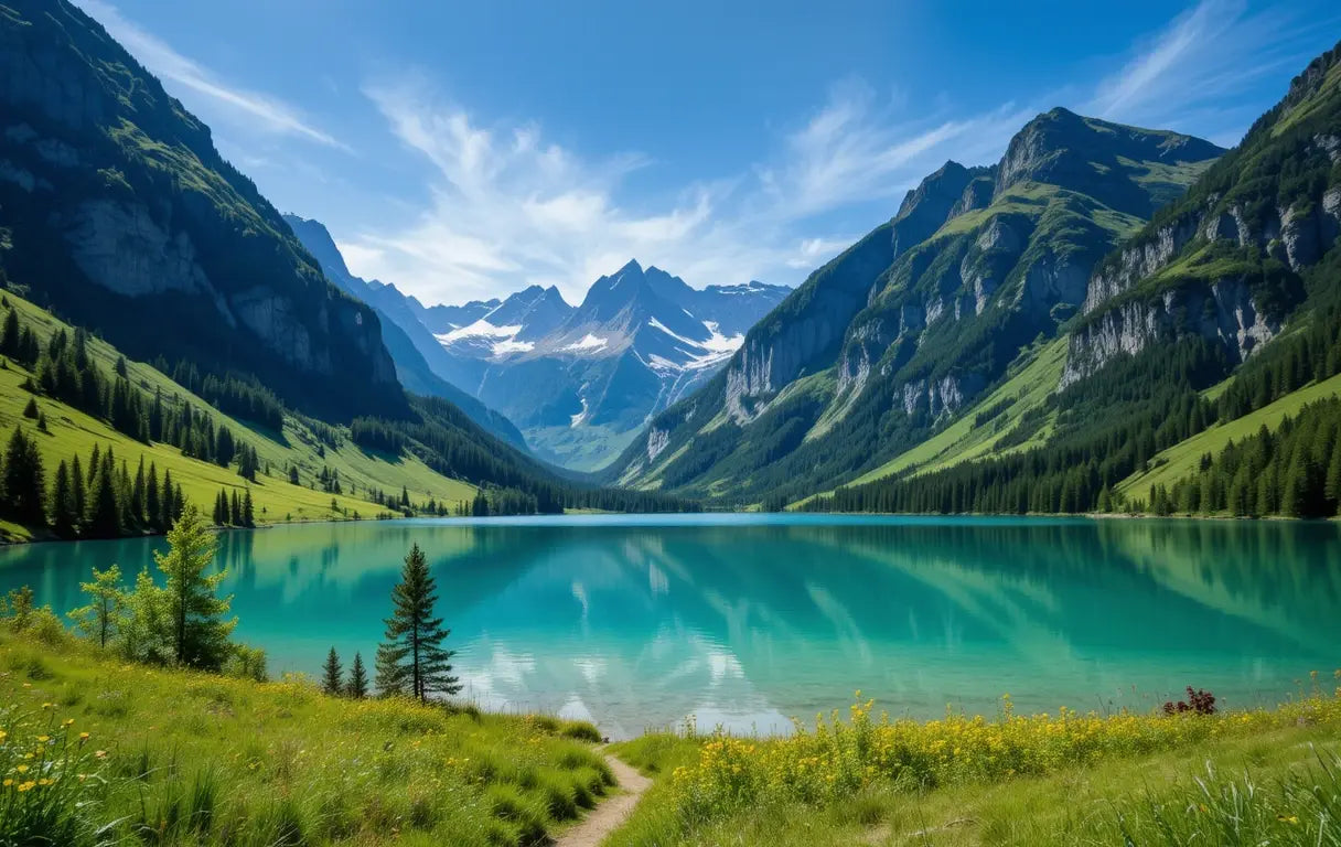 Serene Alpine Lake turquoise Water and Green Valley My Store