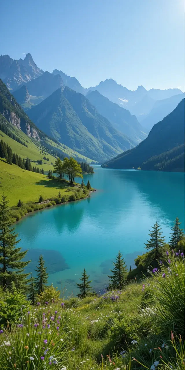 Serene Alpine Lake turquoise Water and Green Valley My Store