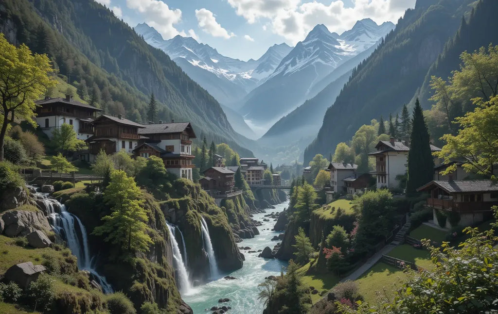 Alpine Village with Waterfalls Charming Houses and Cascades My Store