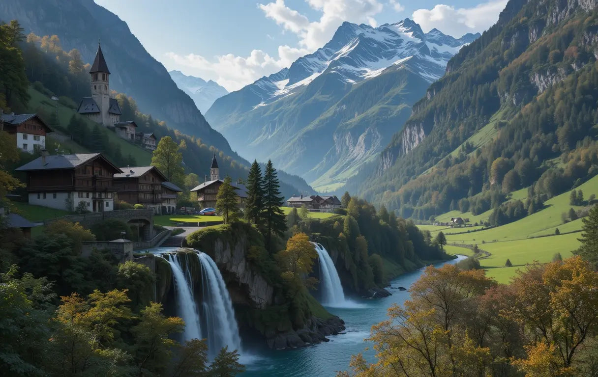 Alpine Village with Waterfalls Charming Houses and Cascades My Store