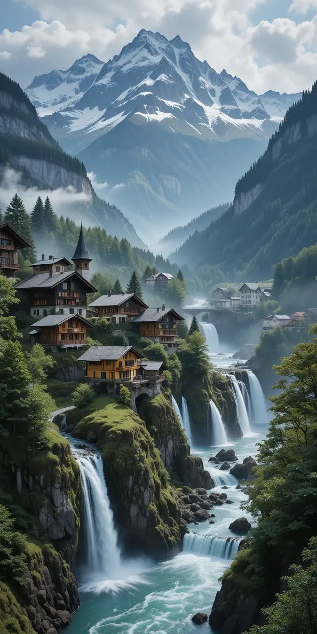 Alpine Village with Waterfalls Charming Houses and Cascades My Store