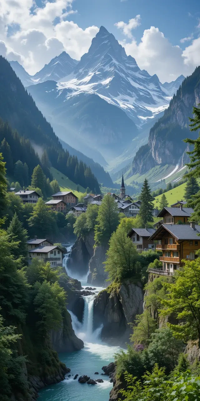 Mountain Village with Waterfalls and River My Store