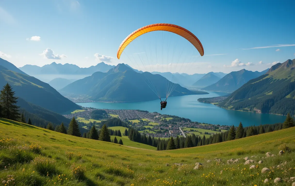 Scenic Mountain Lake with Paragliders My Store
