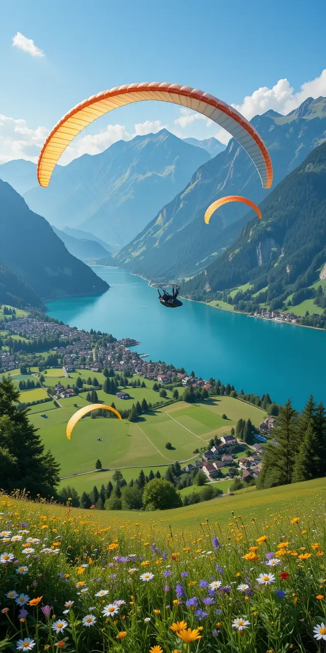 Scenic Mountain Lake with Paragliders My Store