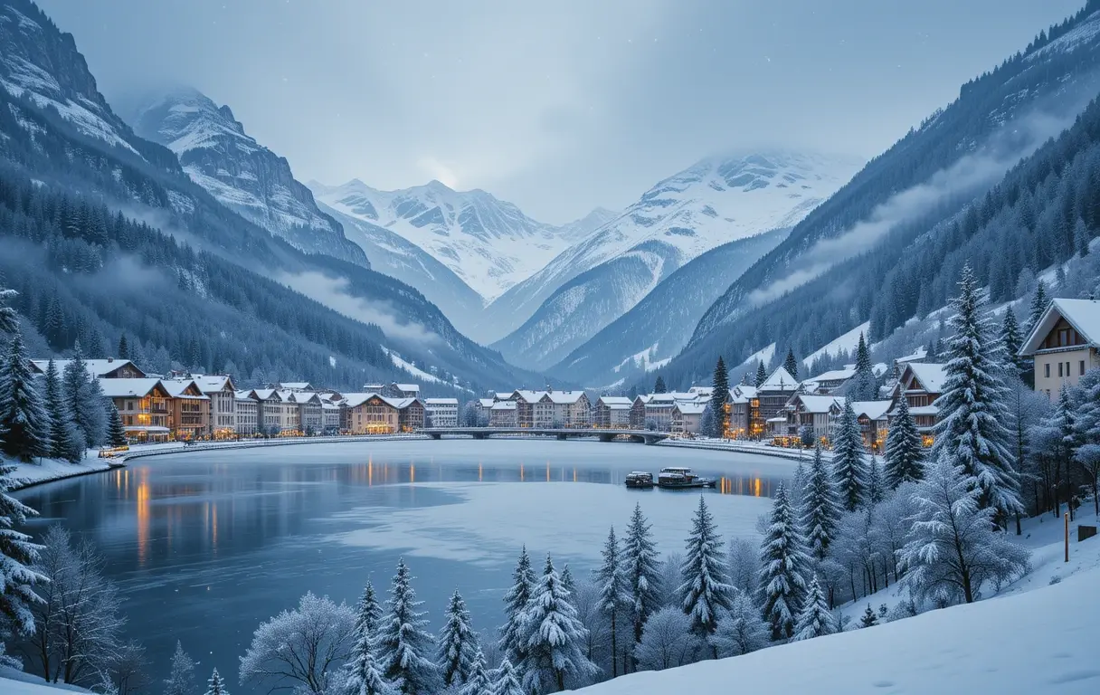 Winter Lakeside Village Panorama My Store