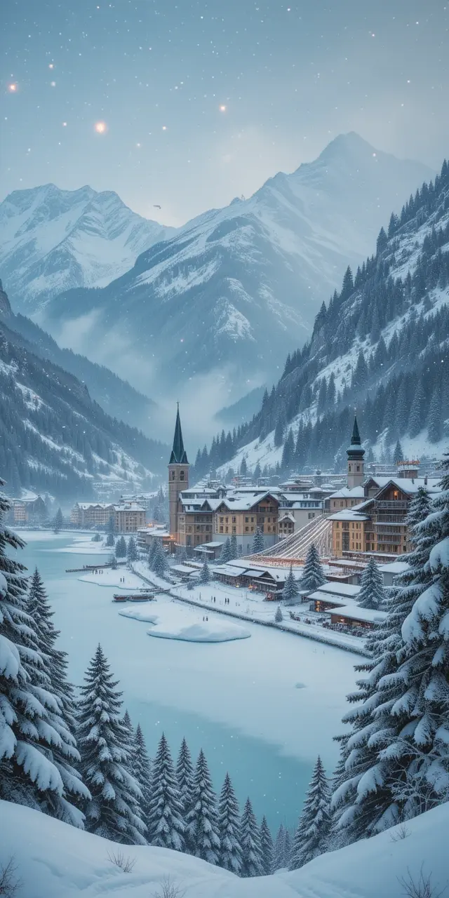 Winter Lakeside Village Panorama My Store