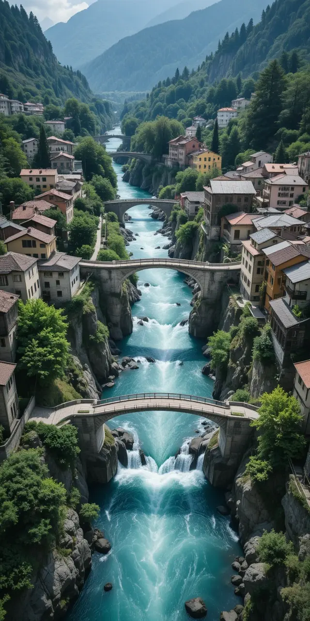 Picturesque Mountain Village with Stone Bridge My Store