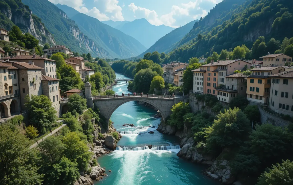 Picturesque Mountain Village with Stone Bridge My Store