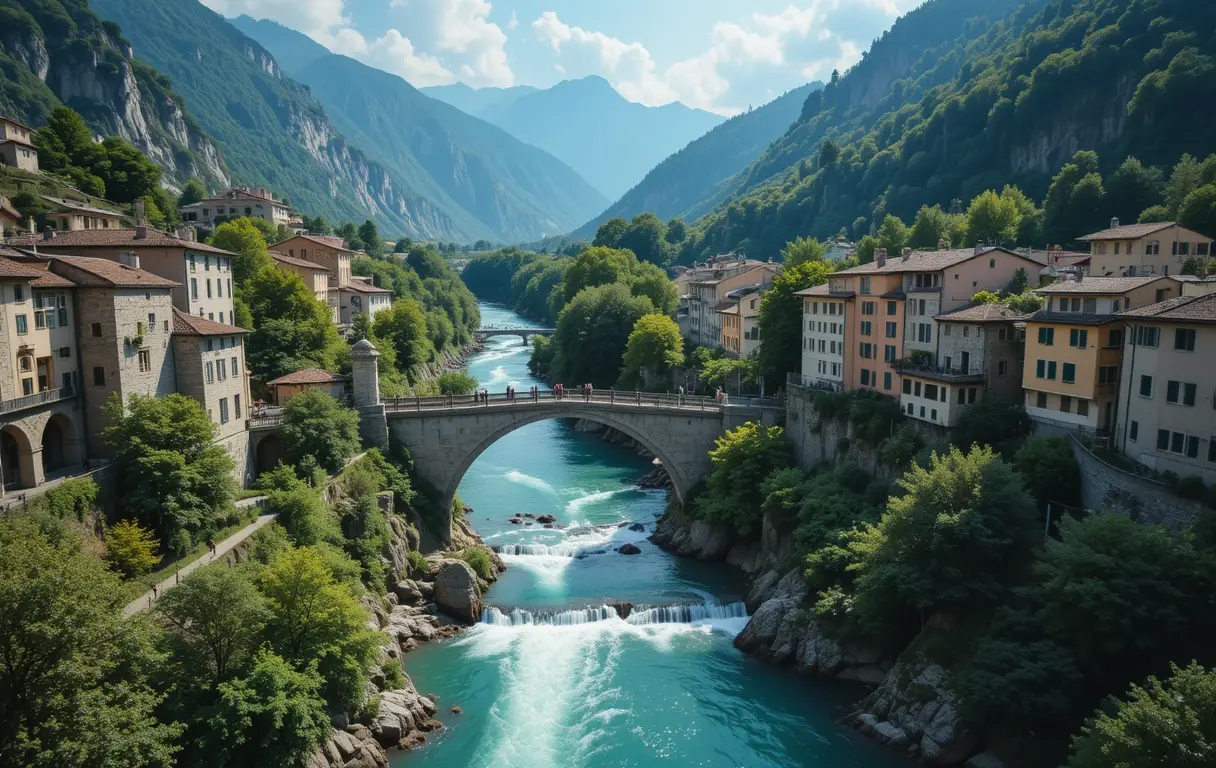 Picturesque Mountain Village with Stone Bridge My Store