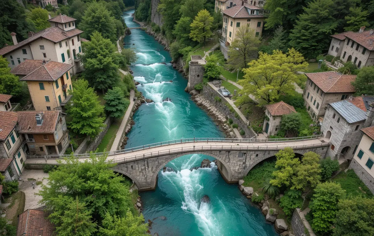Picturesque Mountain Village with Stone Bridge My Store