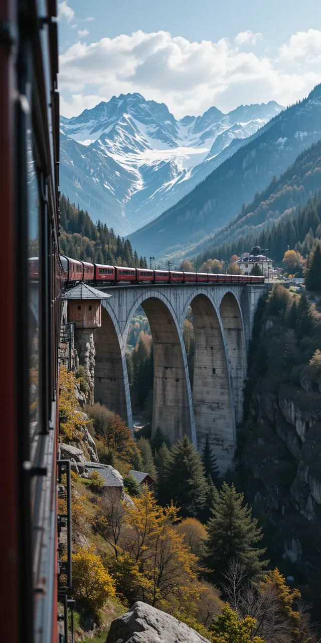 Red Train on Mountain Viaduct My Store