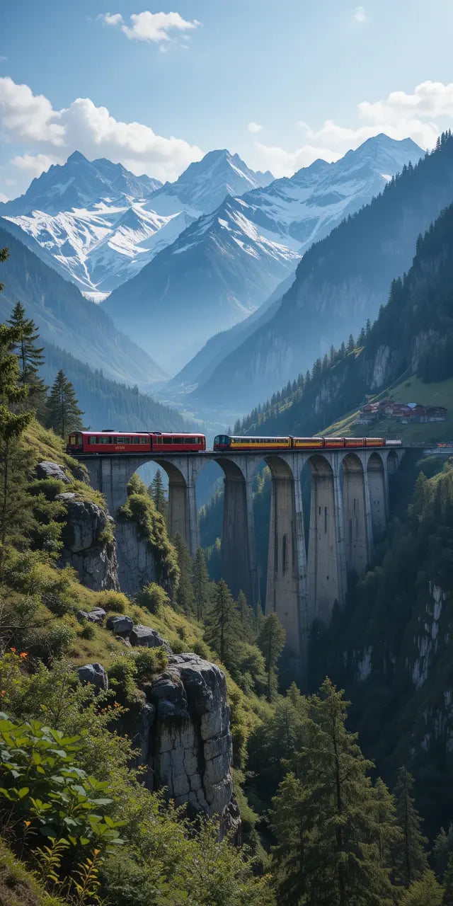 Red Train on Mountain Viaduct My Store