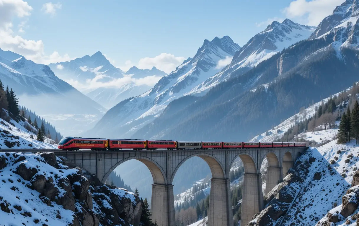 Red Train on Mountain Viaduct My Store