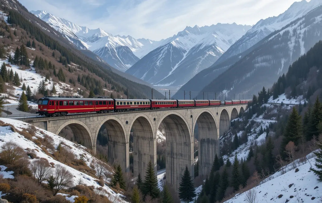 Red Train on Mountain Viaduct My Store