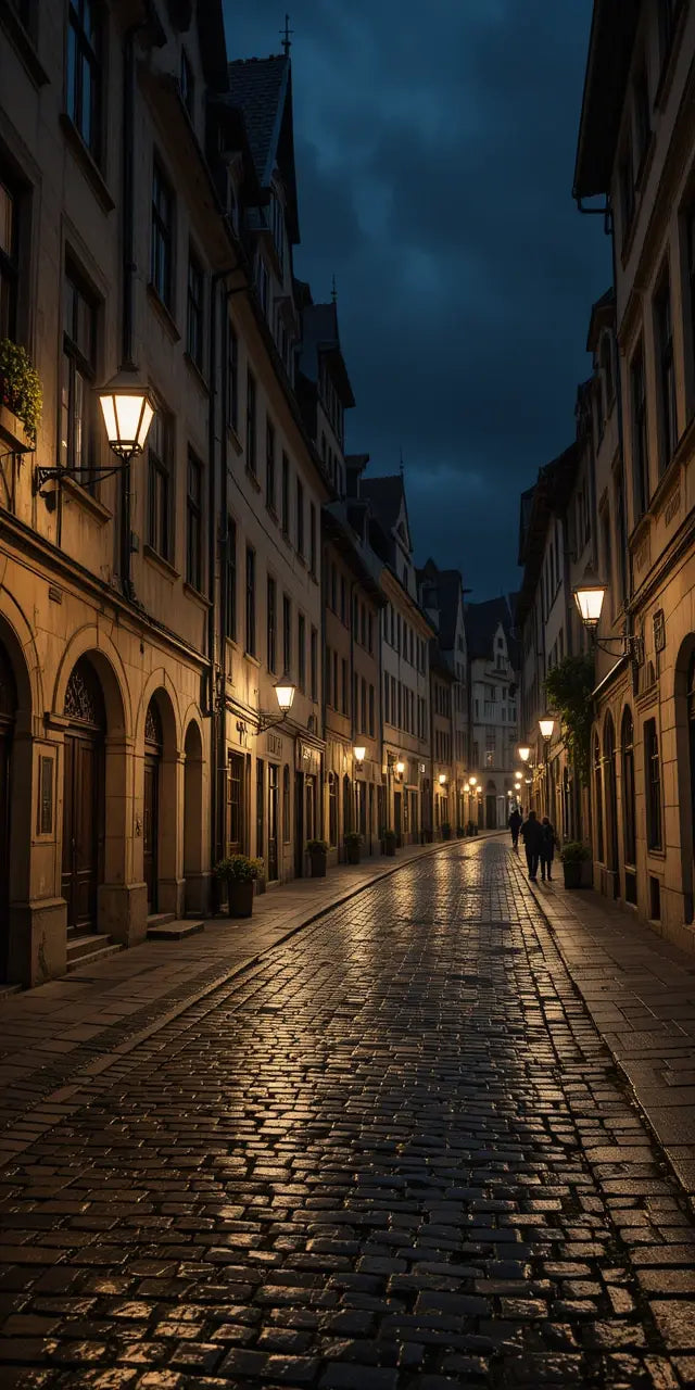 Nighttime Cobblestone Alley with Street Lamp My Store