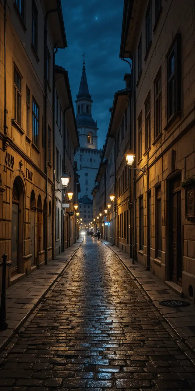 Nighttime Cobblestone Alley with Street Lamp My Store