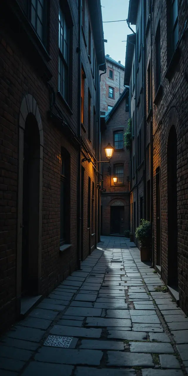 Nighttime Cobblestone Alley with Street Lamp My Store