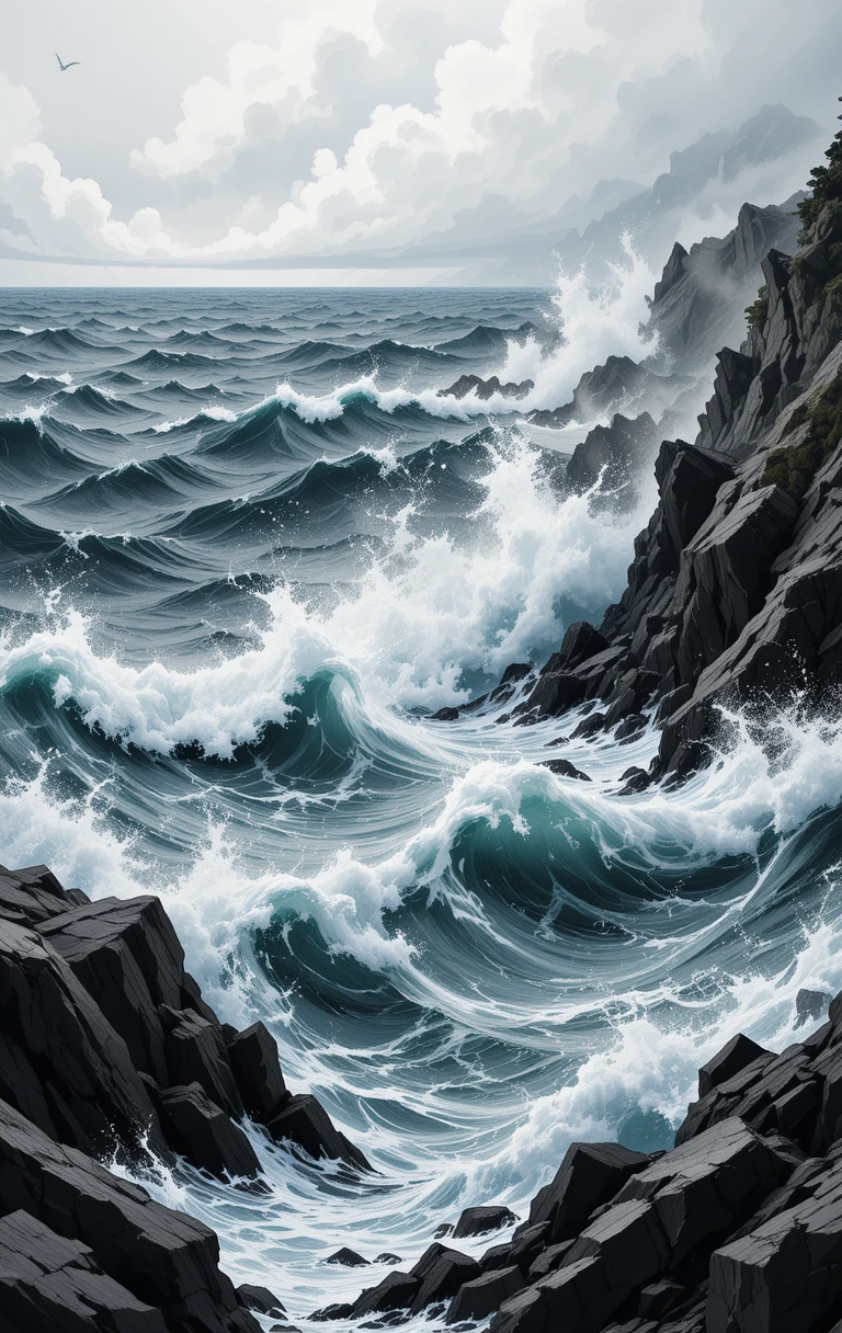 The powerful ocean waves crashing violently against jagged rocky cliffs under a brooding sky.