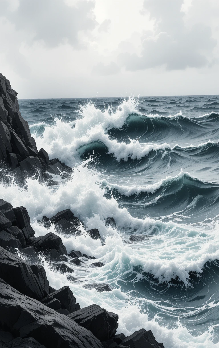 The powerful ocean waves crashing violently against jagged rocky cliffs under a brooding sky.