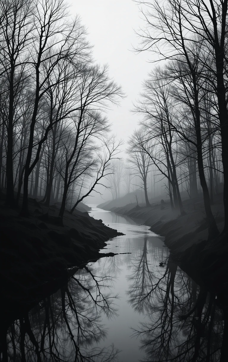 Misty River Through Bare Trees