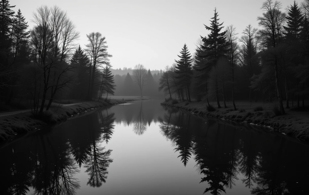 Misty River Through Bare Trees