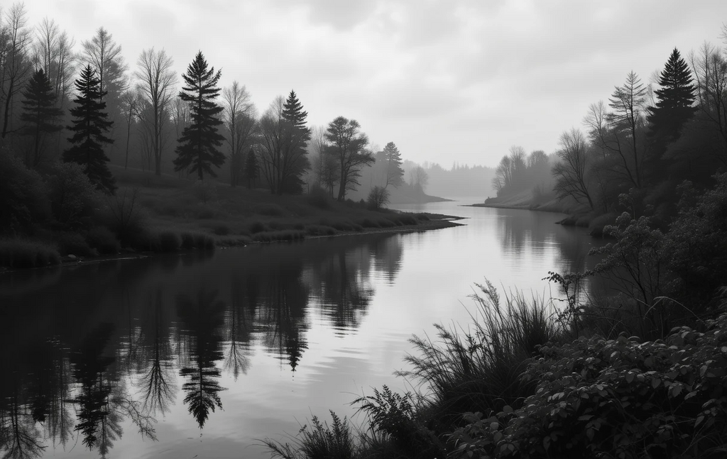 Misty River Through Bare Trees