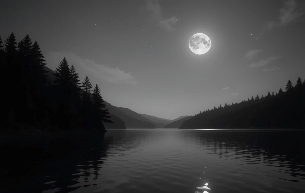 Moonlit Lake with Forest Silhouette