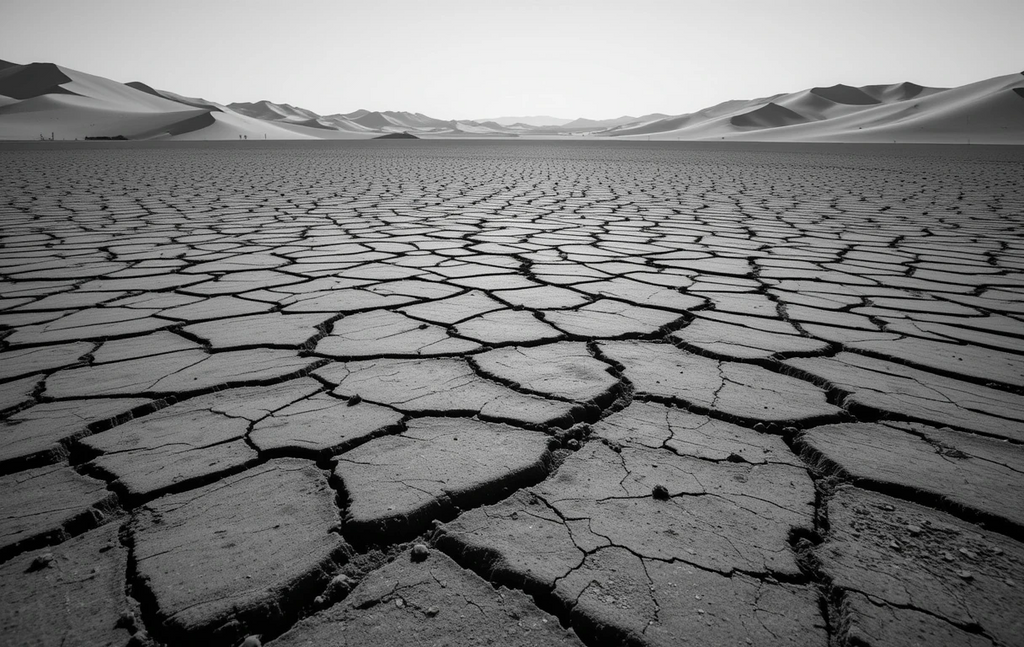 Cracked Dry Lake Bed with Dunes