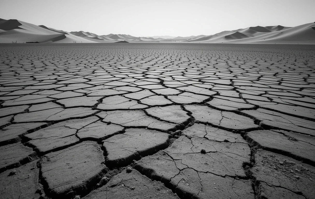 Cracked Dry Lake Bed with Dunes