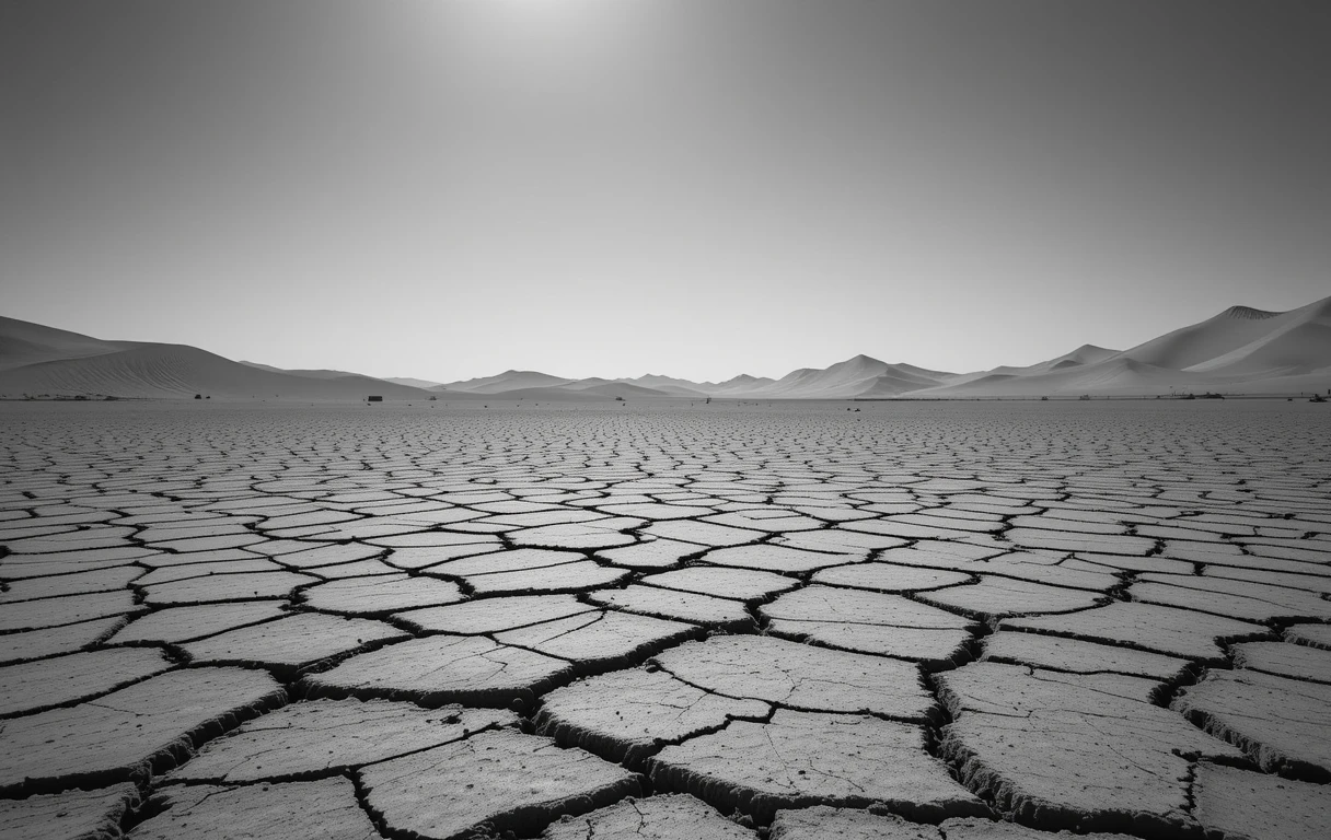 Cracked Dry Lake Bed with Dunes