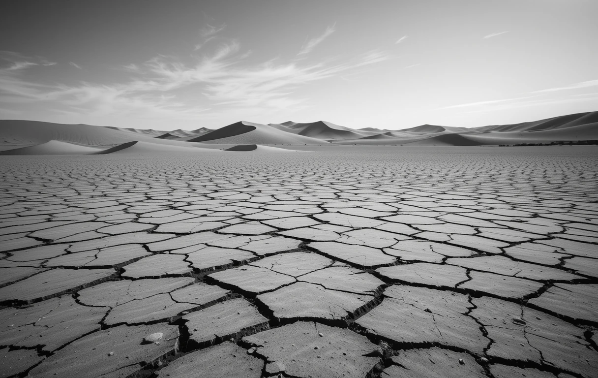 Cracked Dry Lake Bed with Dunes