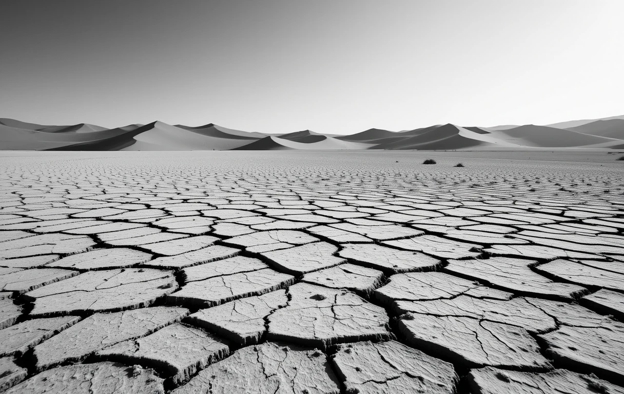 Cracked Dry Lake Bed with Dunes