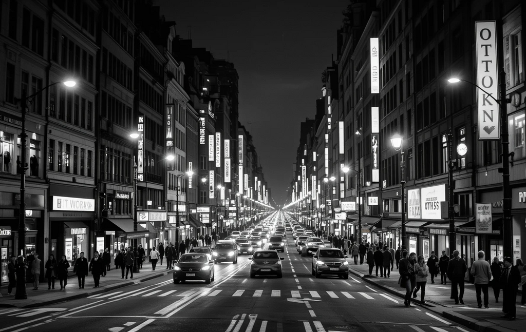 Busy Nighttime City Street