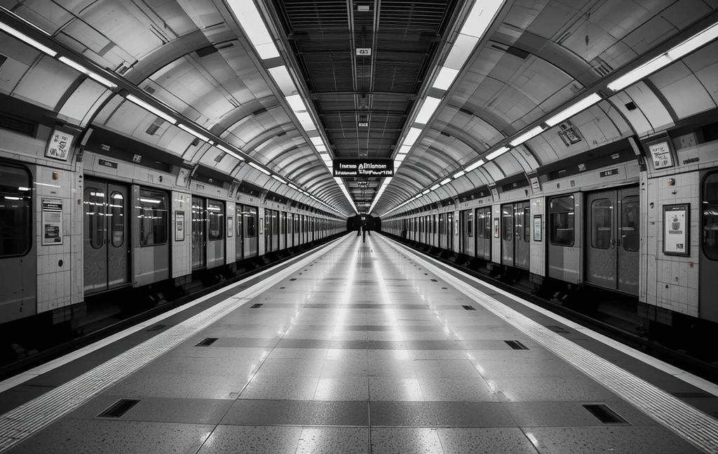 The empty subway platform with converging lines and perfect perspective