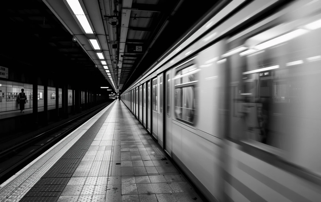 The empty subway platform with converging lines and perfect perspective