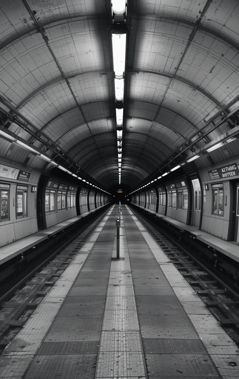 The empty subway platform with converging lines and perfect perspective