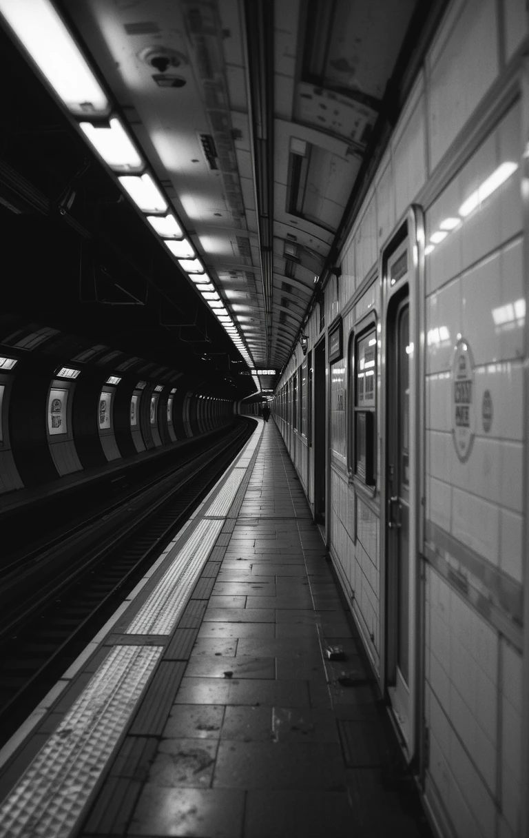 The empty subway platform with converging lines and perfect perspective