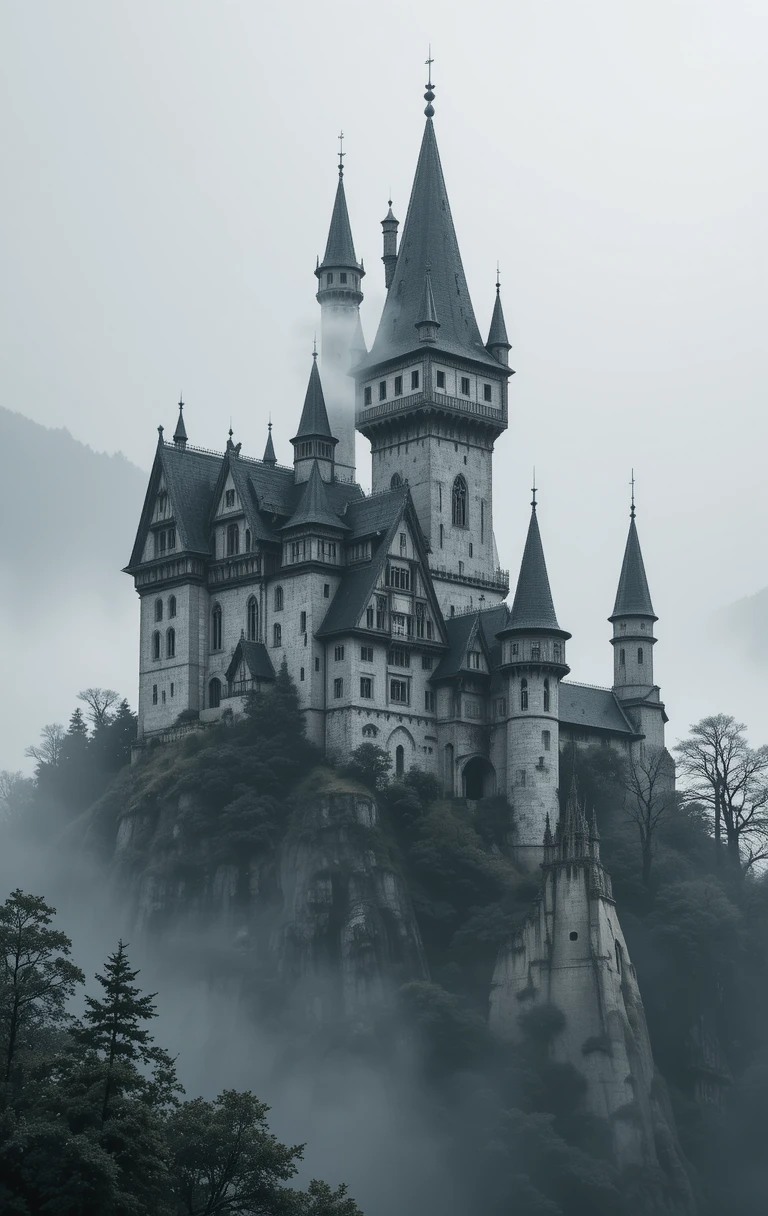 The gothic castle perched on a foggy cliff, shrouded in mystery
