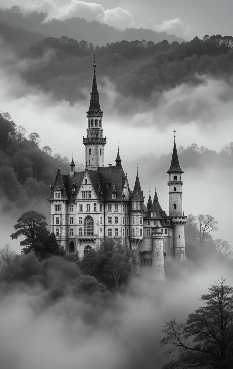The gothic castle perched on a foggy cliff, shrouded in mystery
