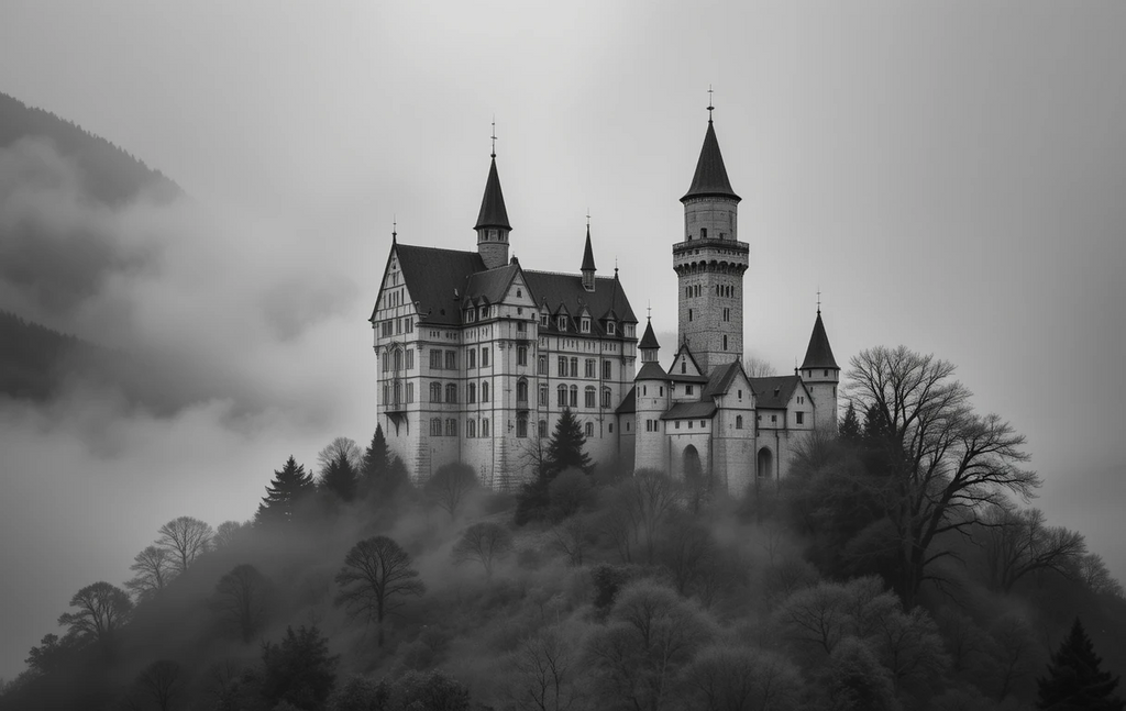 The gothic castle perched on a foggy cliff, shrouded in mystery