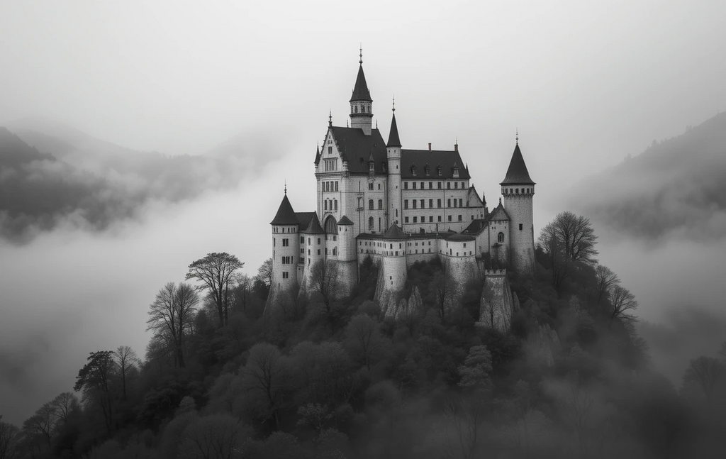 The gothic castle perched on a foggy cliff, shrouded in mystery